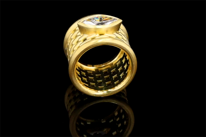Jimmy ring in 18ct yellow gold with satin finish and bezel-set 2.51ct marquise lab-grown diamond in a rounded cage design.