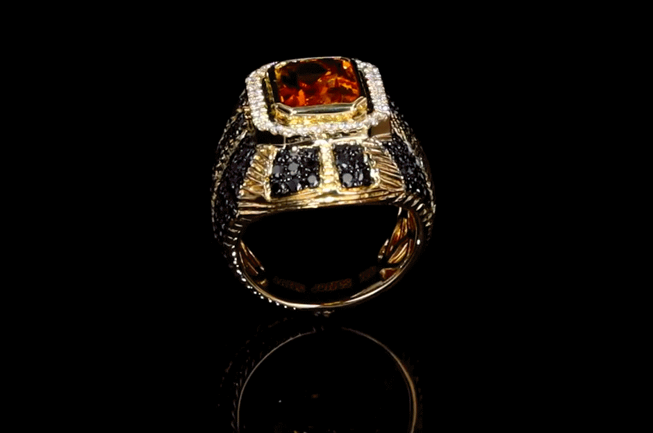 Madagascar ring in 18ct yellow gold with textured gold, black pavé diamonds, and emerald cut citrine centerpiece.